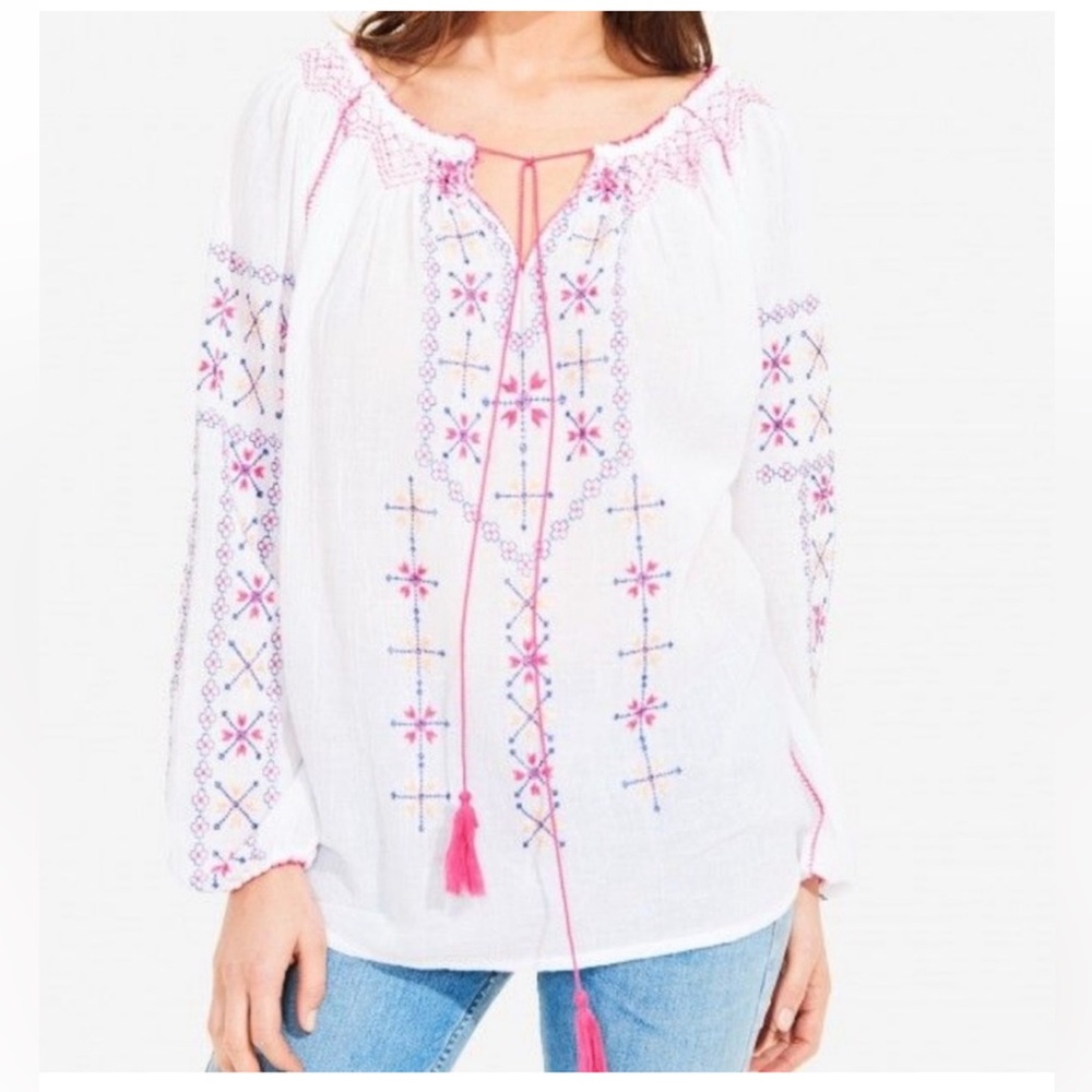 New Roberta Roller Rabbit Women's Peasant Blouse 100% Cotton Beachy Tunic Medium